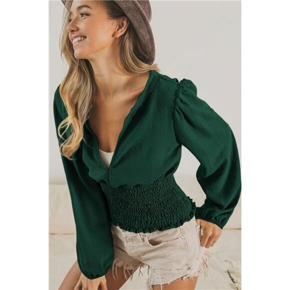 BiBi Smoking Waist Band and Puff Sleeves Deep V Neck Top - Picture 1 of 3